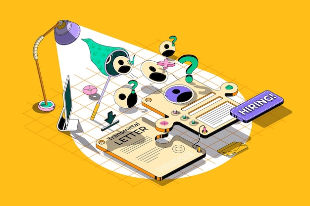 Hiring process concept 3d isometric outline web design Human resources search for candidates