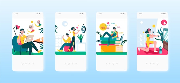 Hjem fritid videoopkald chat fitness spil læring af sprog mobilapp skærme vektor hjemmeside bann