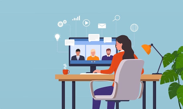 Hjemmearbejdende kvinde på video konference med sine kolleger. Online folk arbejder sammen. Fjernteamwork koncept