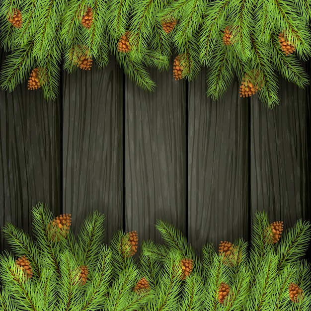 Holiday decorations on black wooden pattern. Christmas background and spruce branches with pine cones, illustration.