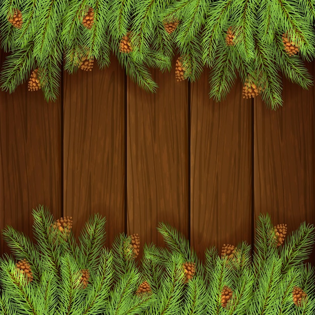Holiday decorations on brown wooden pattern. Christmas background and spruce branches with pine cones, illustration.