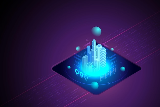 Hologram city on purple background in a virtual world Experience Metaverse, the limitless virtual reality technology. isometric vector illustration.