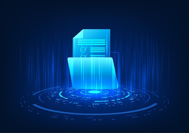 hologram image of a digital storage technology document file projected showing