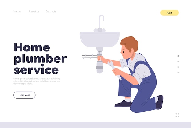 home plumber service landing page design template for online ordering professional repairman help website vector illustration with master cartoon character fixing broken sink leakage and repairing