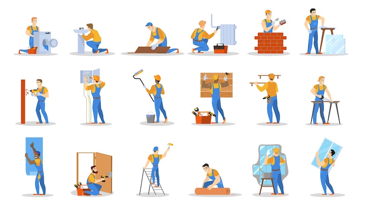 Vektör home repair worker set. collection of people