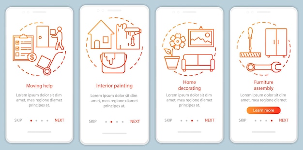 home services onboarding mobile app page screen with linear concepts home decorating interior painting four walkthrough steps graphic instructions ux ui gui vector template with illustrations