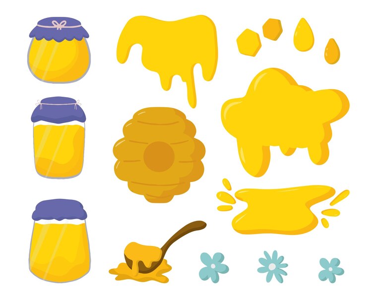 Honey cartoon set beekeeping collection honey jars beehive wooden spoon