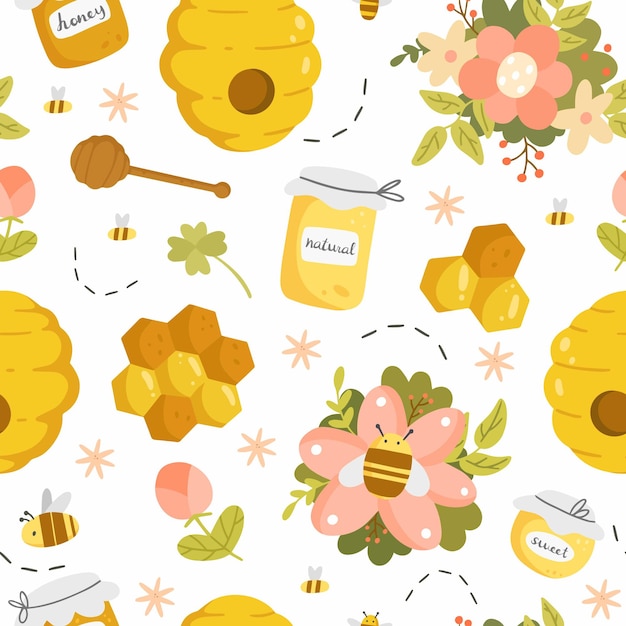 honey seamless pattern with different objects in a cute cartoon style
