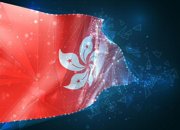 Hong Kong,  flag, virtual abstract 3D object from triangular polygons on a blue background