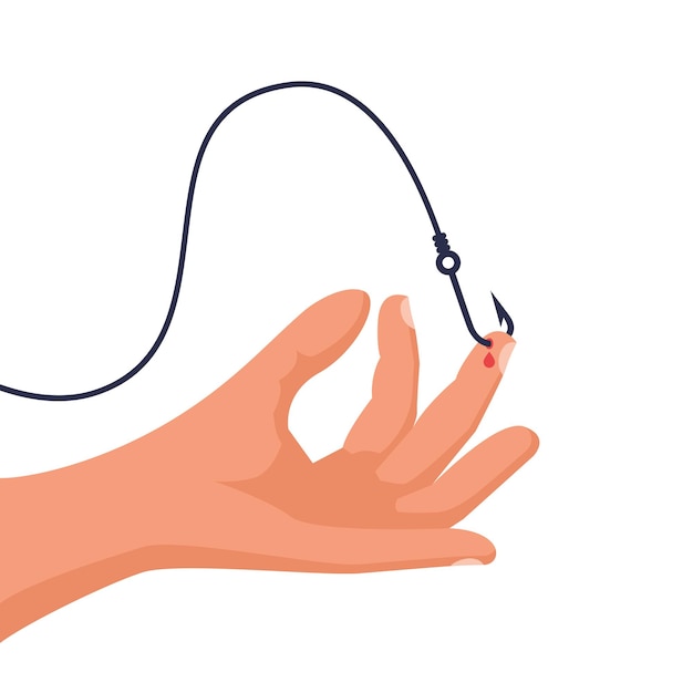Hook stuck in finger Man pierced his finger with a fishing hook Blood wound