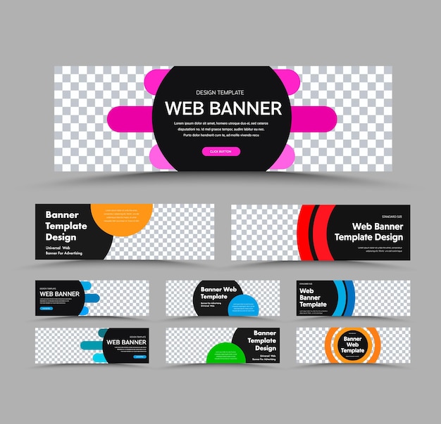 Horizontal black web banner templates with place for photo and text and colored round and rounded design elements. Set for advertising business.