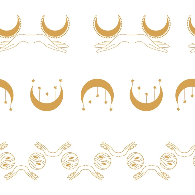 horizontal border set magic and heavens seamless pattern with magical elements symbols of witchcraft
