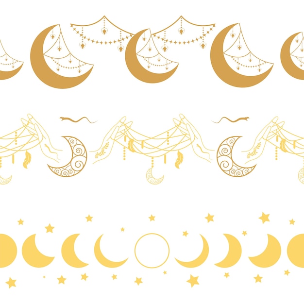 horizontal border set magic and heavens seamless pattern with magical elements symbols of witchcraft