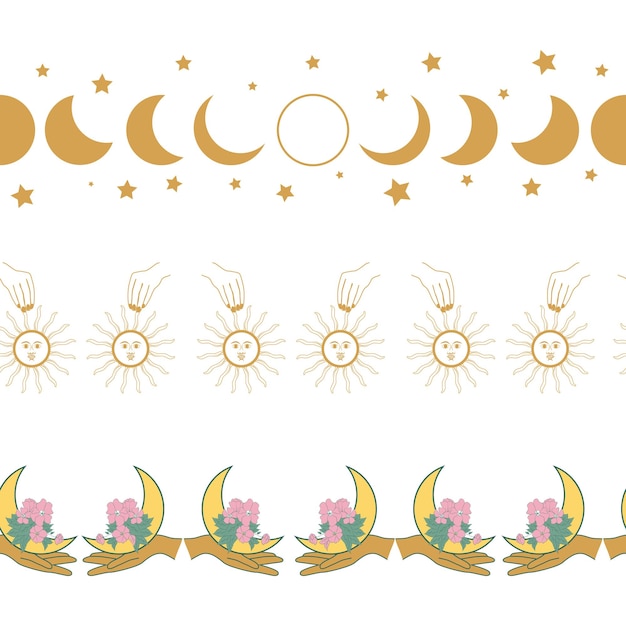 horizontal border set magic and heavens seamless pattern with magical elements symbols of witchcraft