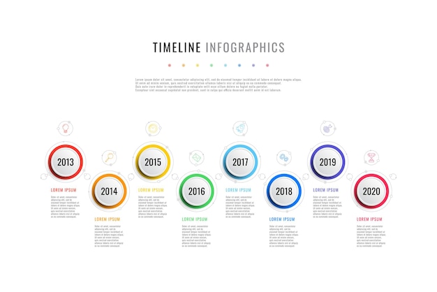horizontal business timeline with 8 round elements year indication and text boxes on white