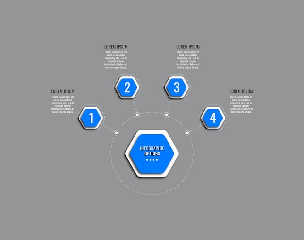 Horizontal infographic template with four blue hexagonal steps on a grey background