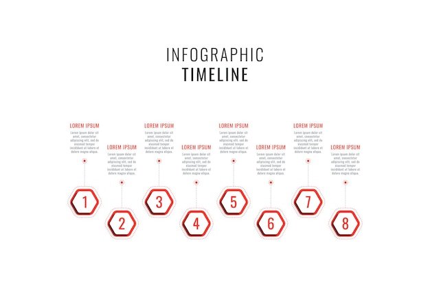 Horizontal infographic timeline template with eight red hexagonal elements on a white background