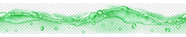 Horizontal seamless banner with horizontally repeated translucent water wave in green colors with air bubbles and drops, isolated on transparent background. Transparency only in vector file