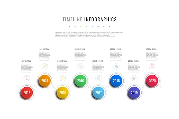 Horizontal timeline infographic template with round elements year indicators and textboxes