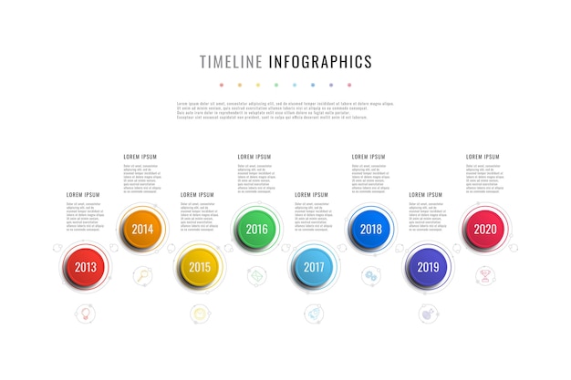 horizontal timeline infographic with round elements year indicators and textboxes on a white