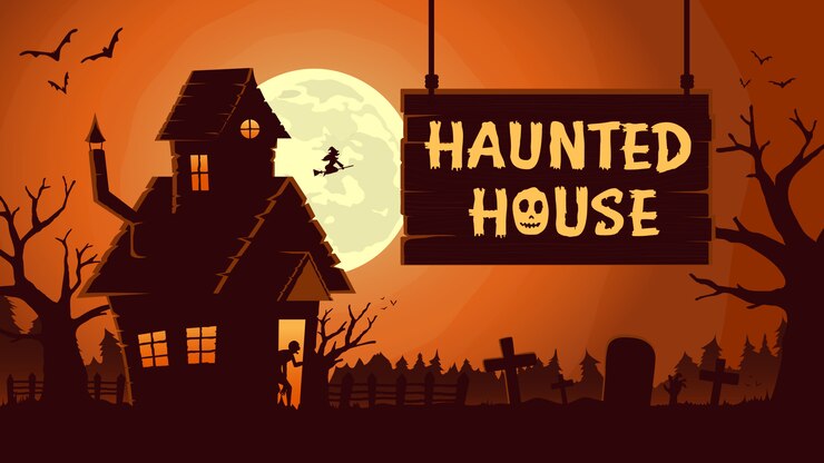 Horror background with Haunted house at full moon night. 