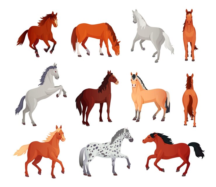 Vektor horse poses wild horses walking or gallop running pose arabian mare farm animal hoof gait trotter run grazing thoroughbred set cartoon ingenious vector illustration of animal wild stallion design