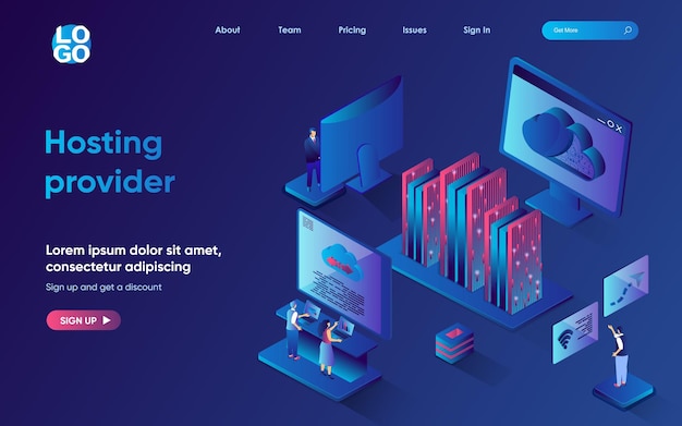 Hosting provider concept 3d isometric web landing page People working with hardware and software