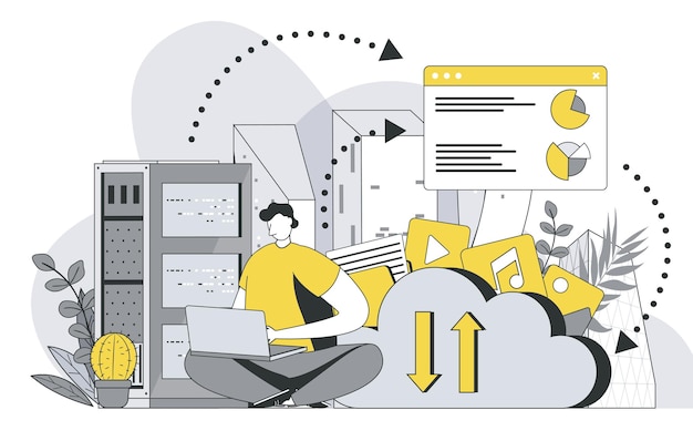 Hosting provider concept with outline people scene Man works in technical support of provider