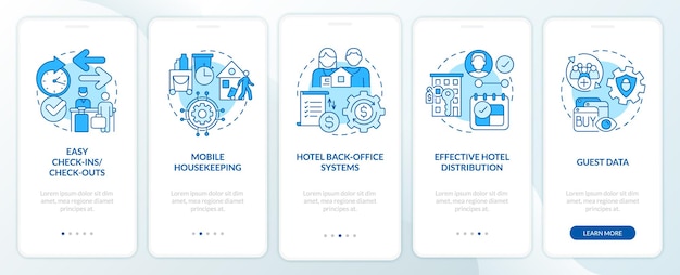 Hotel property management systems blue onboarding mobile app screen. Tech walkthrough 5 steps graphic instructions pages with linear concepts. UI, UX, GUI template. Myriad Pro-Bold, Regular fonts used