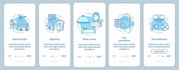 hotel services onboarding mobile app page screen vector template. airport shuttle, free cancellation. walkthrough website steps with linear illustrations. ux, ui, gui smartphone interface concept