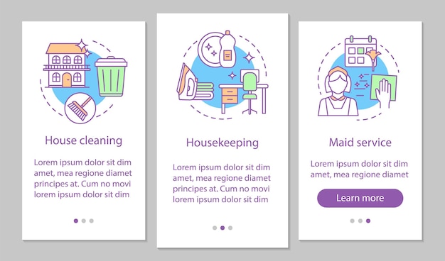 House service onboarding mobile app page screen, linear concepts. House cleanup. Housekeeping. Maid service. Three walkthrough steps graphic instruction. UX, UI, GUI vector template with illustration