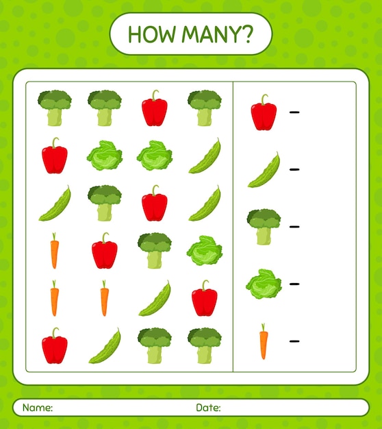 How many counting game with vegetables. worksheet for preschool kids, kids activity sheet, printable worksheet