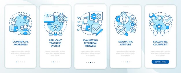 HR skills for business blue onboarding mobile app screen Technology walkthrough 5 steps graphic instructions pages with linear concepts UI UX GUI template Myriad ProBold Regular fonts used