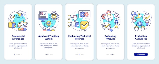 HR skills for business onboarding mobile app screen Technology walkthrough 5 steps graphic instructions pages with linear concepts UI UX GUI template Myriad ProBold Regular fonts used