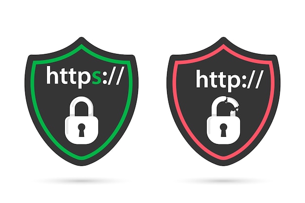 Http and https protocols on shield. Safe and Secure https. Secured ssl shield and padlock symbols.