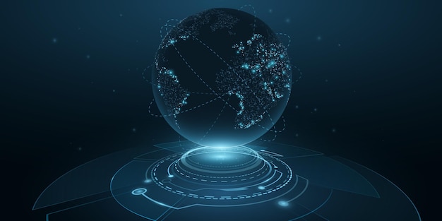 HUD arayüzü ile dijital gezegen Dünya. Küre hologramı. Işık efektleri ile siber uzayda 3D fütüristik nokta dünya haritası. Teknoloji arka plan tasarımı. Vektör çizimi. EPS 10