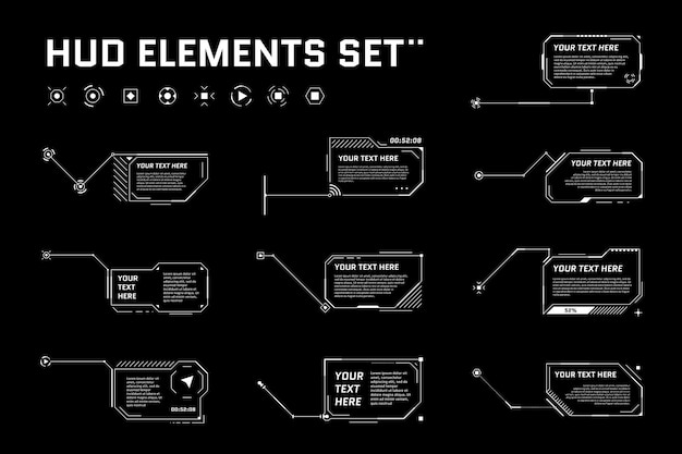HUD digital futuristic callout title set. Call out sci fi frame bar labels. Presentation or infographic modern digital info box layout template. Interface HUD UI GUI style element. Vector illustration