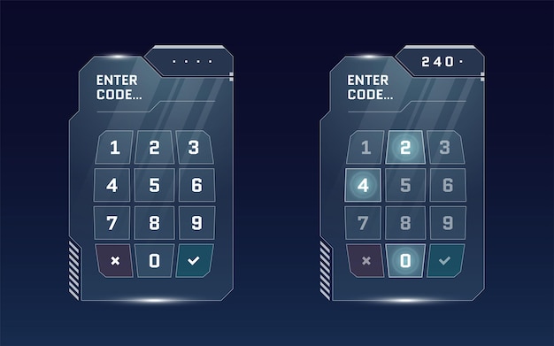 hud digital futuristic user interface pin code entry panel set sci fi high tech protection glowing