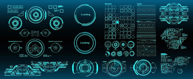 HUD-element mega set pack Instrumentpanel grön display virtual reality teknologiskärm Futuristiskt blått användargränssnitt