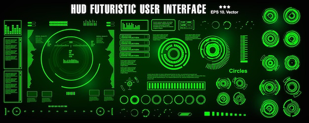 HUD futuristiskt grönt användargränssnitt, instrumentpaneldisplay, virtuell verklighetsteknikskärm