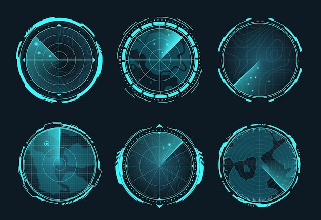 hud radar navy sonar digital target detect system for war weapon in airplane or submarine screen interface military navigation technology aim scanning garish vector illustration