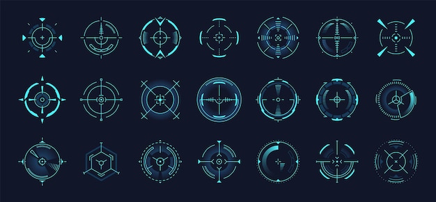 hud target pointer laser crosshair collimator sight optical aiming measurement sniper for sniper gun aim cursor control mark military tags futuristic technology garish vector