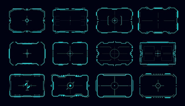 hud vector frame of aim control panel and target screen borders. sci fi game user interface, ui or gui futuristic digital design elements, future technology viewfinder displays with neon crosshair