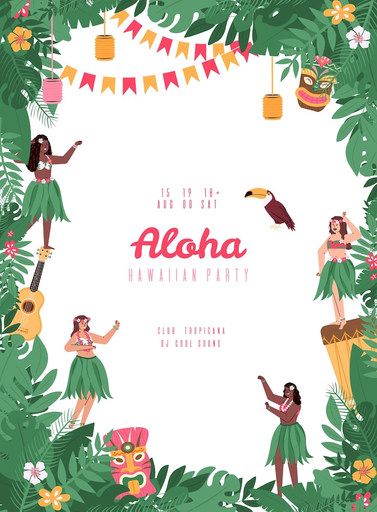 Vektör hula dansçıları düz karikatürü ile hawaii partisi afişi