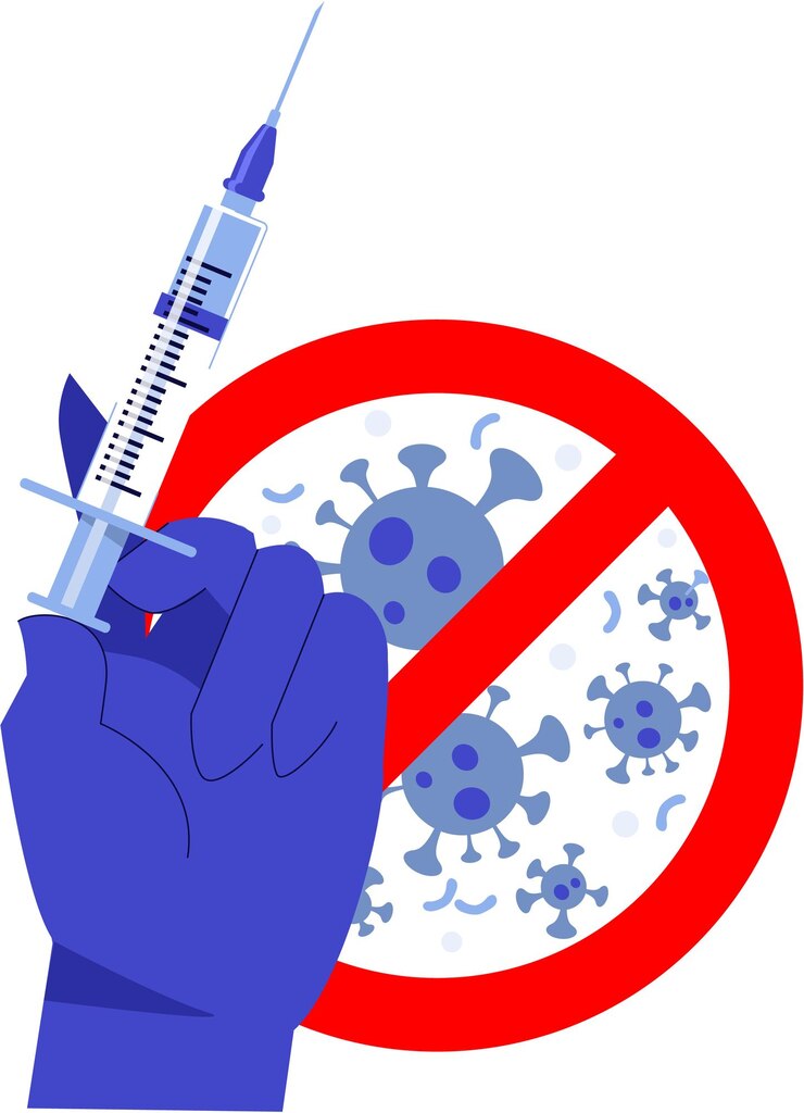Vektör human hand with syringe on coronavirus stop sign