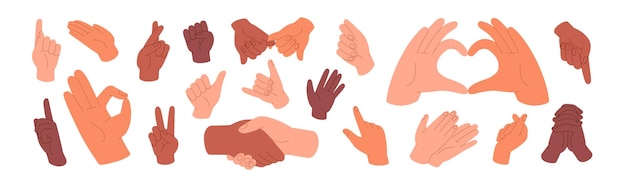 Human hands gesture set Sign language Expressions with pointing fingers grip fist greeting palms Love symbol handshake touches Communication concept Flat isolated vector illustration on white