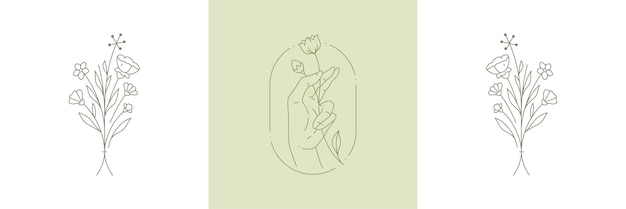 Human hands holding elegant wildflower bouquet at hand drawn circle frame line art deco pastel card