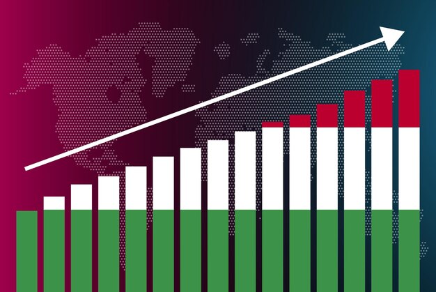 hungary bar chart graph, increasing values, country statistics concept, hungary flag on bar graph