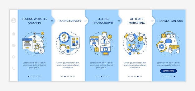 Hur man gör vinst online introduktion av vektormall. Responsiv mobilwebbplats med ikoner. Webbsida genomgång 5 stegsskärmar. Affiliate marknadsföring färgkoncept med linjära illustrationer