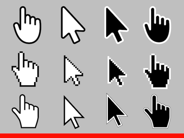 Hvid pil og pegehåndsmarkør-ikon sæt Pixel og moderne version af markørtegn